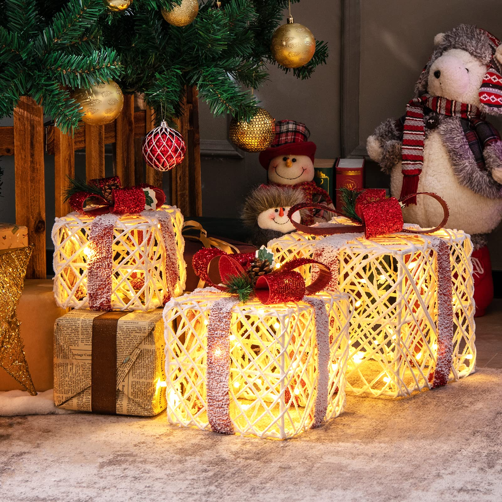 Tangkula – Lot de 3 boîtes lumineuses pré-éclairées avec 100 lumières blanches chaudes